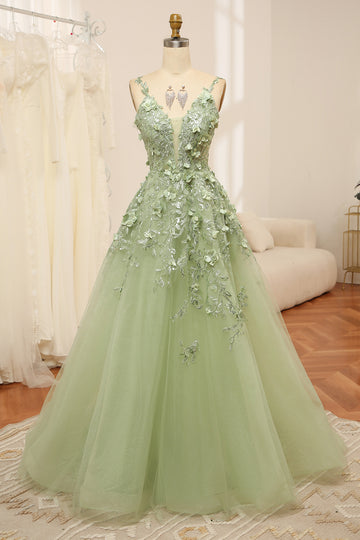 Spaghetti Straps Green A Line Tulle Prom Dress with 3D Flowers